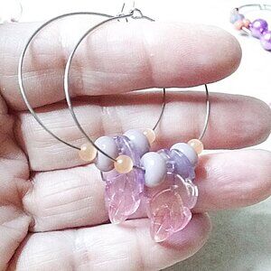 Ready for Spring? Pink Mauve Lilac + Apricot Colors! Beaded Leaf Hoop Earrings!